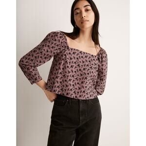 Madewell Marilyn Square Neck Floral Top Purple Seersucker Long Sleeve Size S